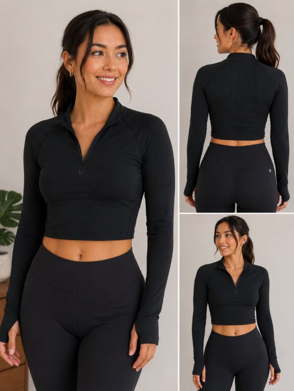 Lululemon Black Seamless Cropped Half-Zip Long Sleeve Active Top Size 10